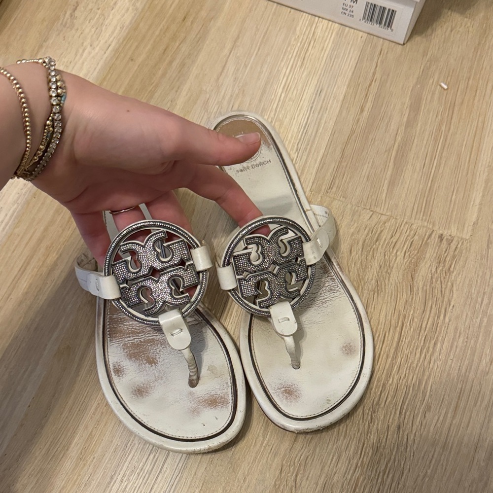 Tory Burch White and Silver Sandals